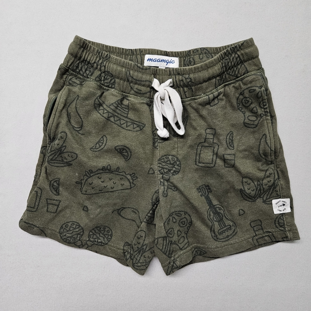 Maamgic Shorts Knit Zip Pockets Mexican Theme Olive Green Mens XS